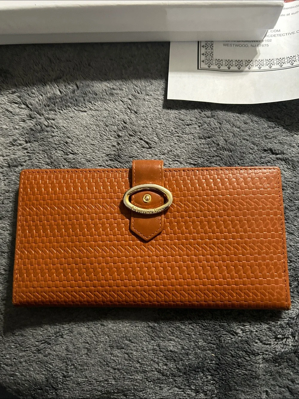 Dior Orange Textured Leather Long Wallet with Gold Oval Clasp